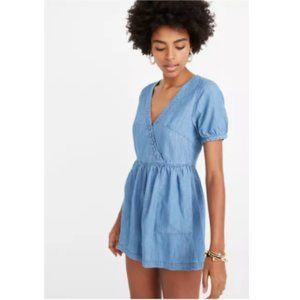 Madewell Chambray Denim Button-Wrap Romper